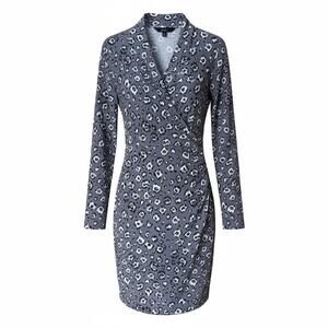 Norma Kamali Gray Leopard Faux Wrap Stretch Knit Dress V-Neck Ruched Size M